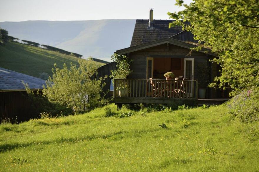 Log Cabin on a Welsh hill farm in the Brecon Beacons