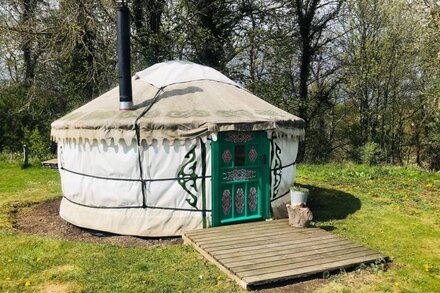 Myrtle, a cosy Mongolian yurt, nestled in field and woodland surroundings